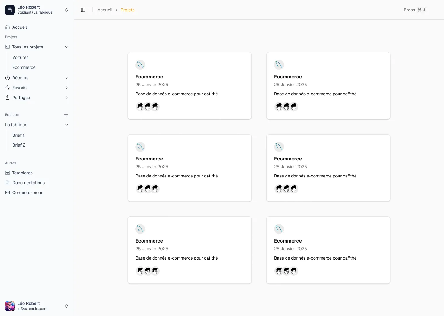 Nooping : tableau de bord listant les projets de modélisation